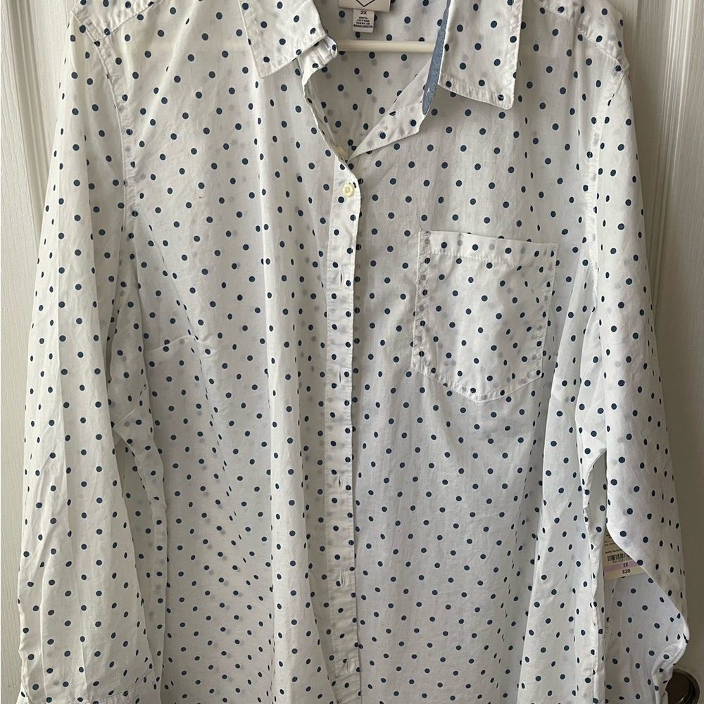 Women White Button-Up Shirt with Navy Polka Dots